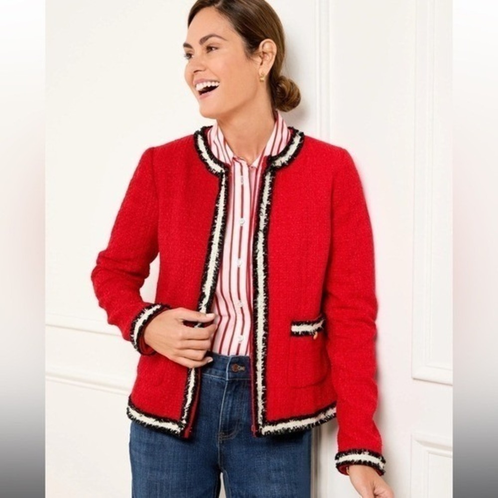 Talbots Women's Size 8 Fringe Striped‎ Tweed Jacket Red Holiday Career Old Money